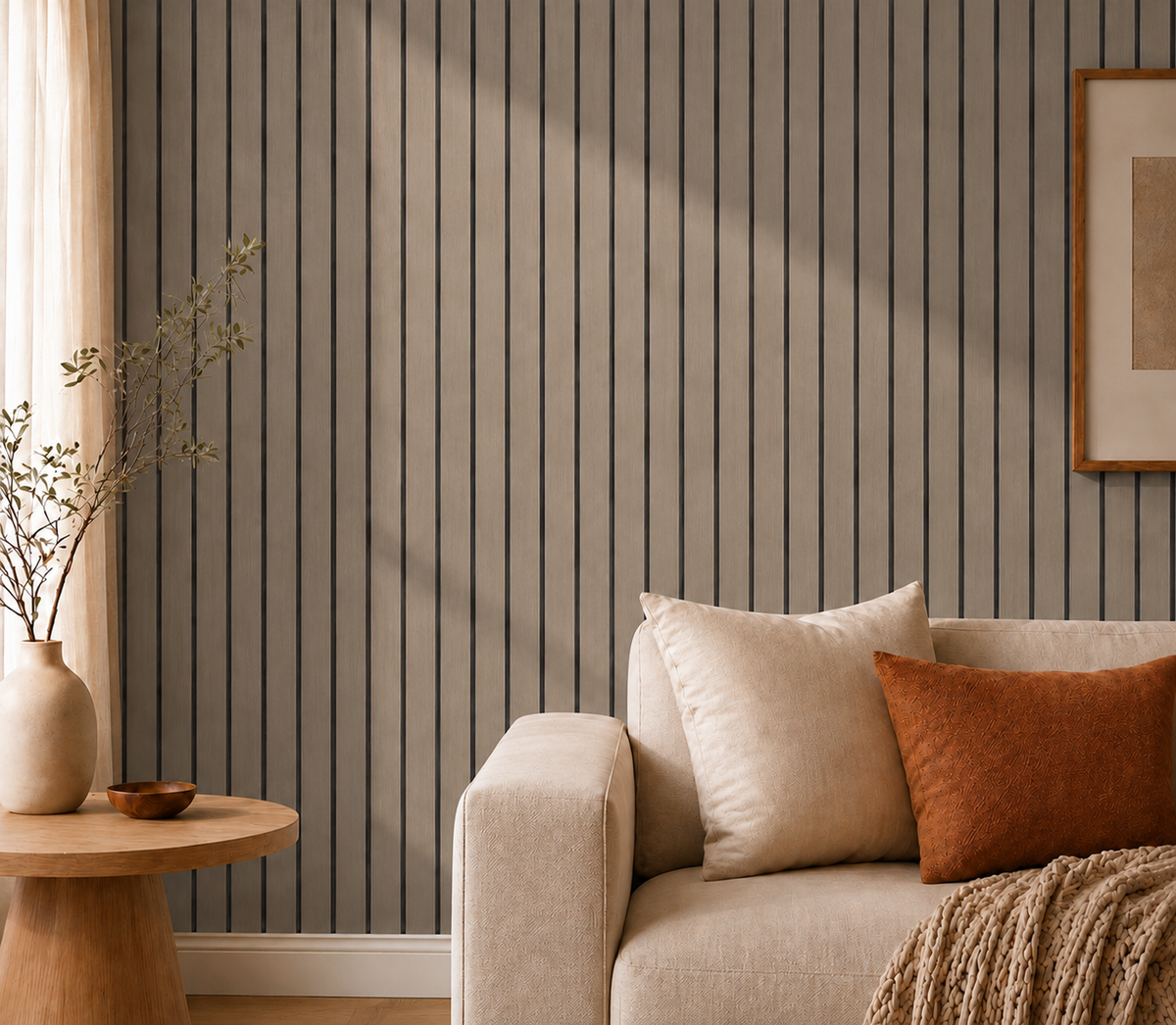 Close view of grey-brown slat wall beside a sofa, side table and vase of branches 26