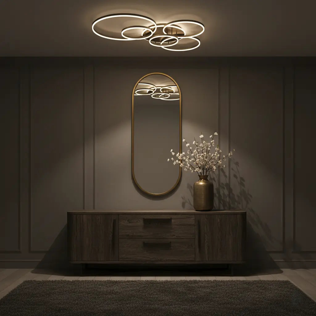 Ring light reflected in an oval mirror above a wooden sideboard in a dimly lit hallway 7