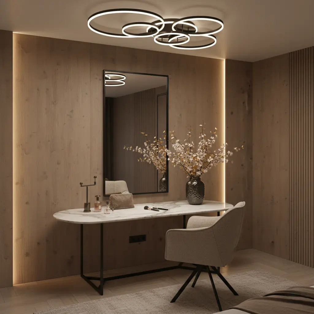 Ring light lit above a marble dressing table with a large mirror and wood-panelled wall 6