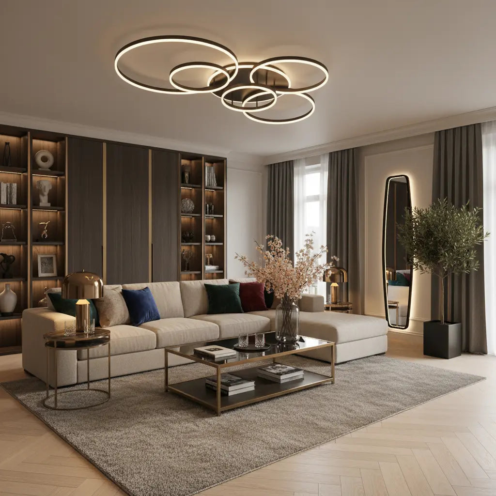 Ring light with dark frames lit in a living room with sofa, shelving and olive tree 5