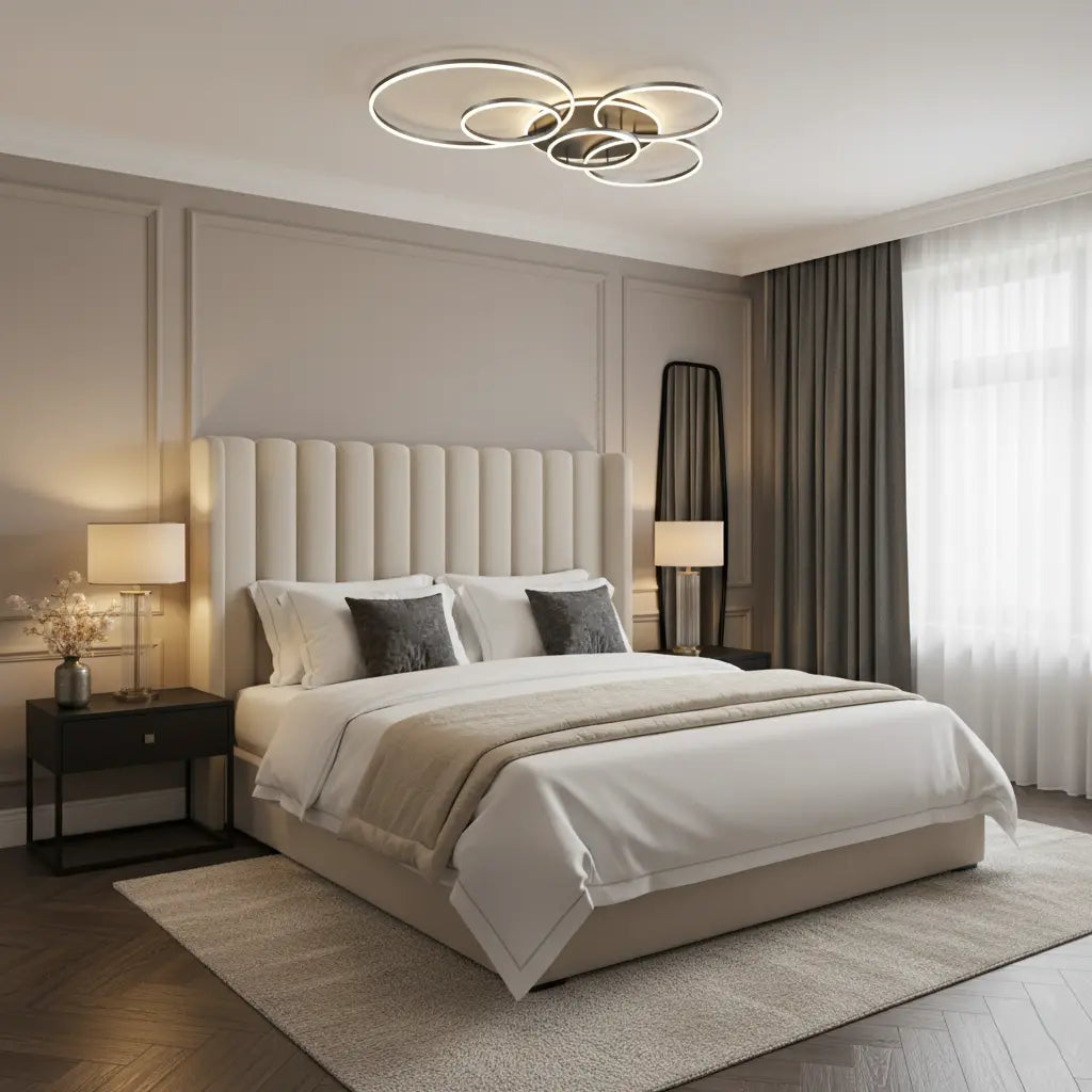Smaller ring light lit above a bed with a cream upholstered headboard and two bedside lamps 4