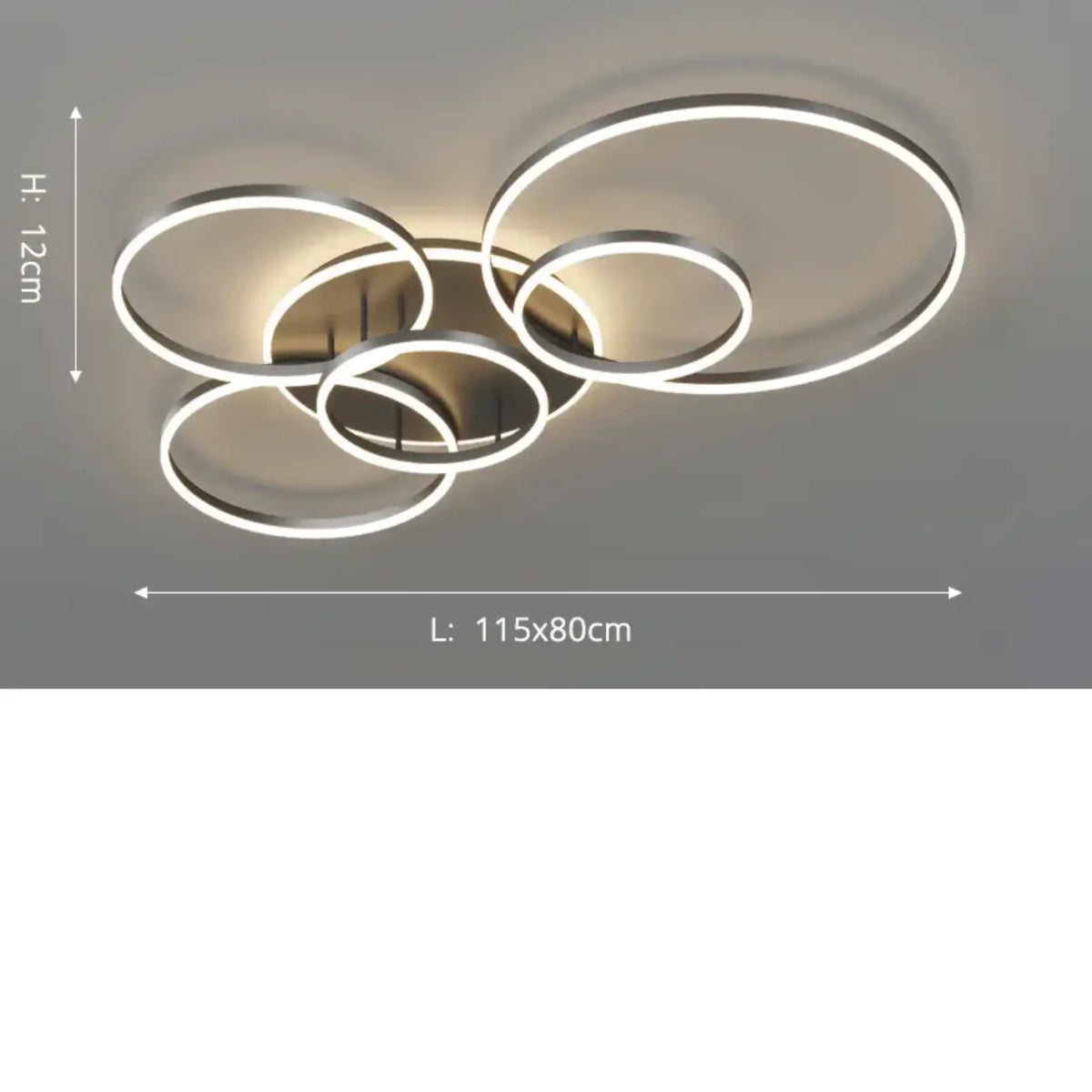 Ring light viewed from below on a grey background, labelled with height and length dimensions 9