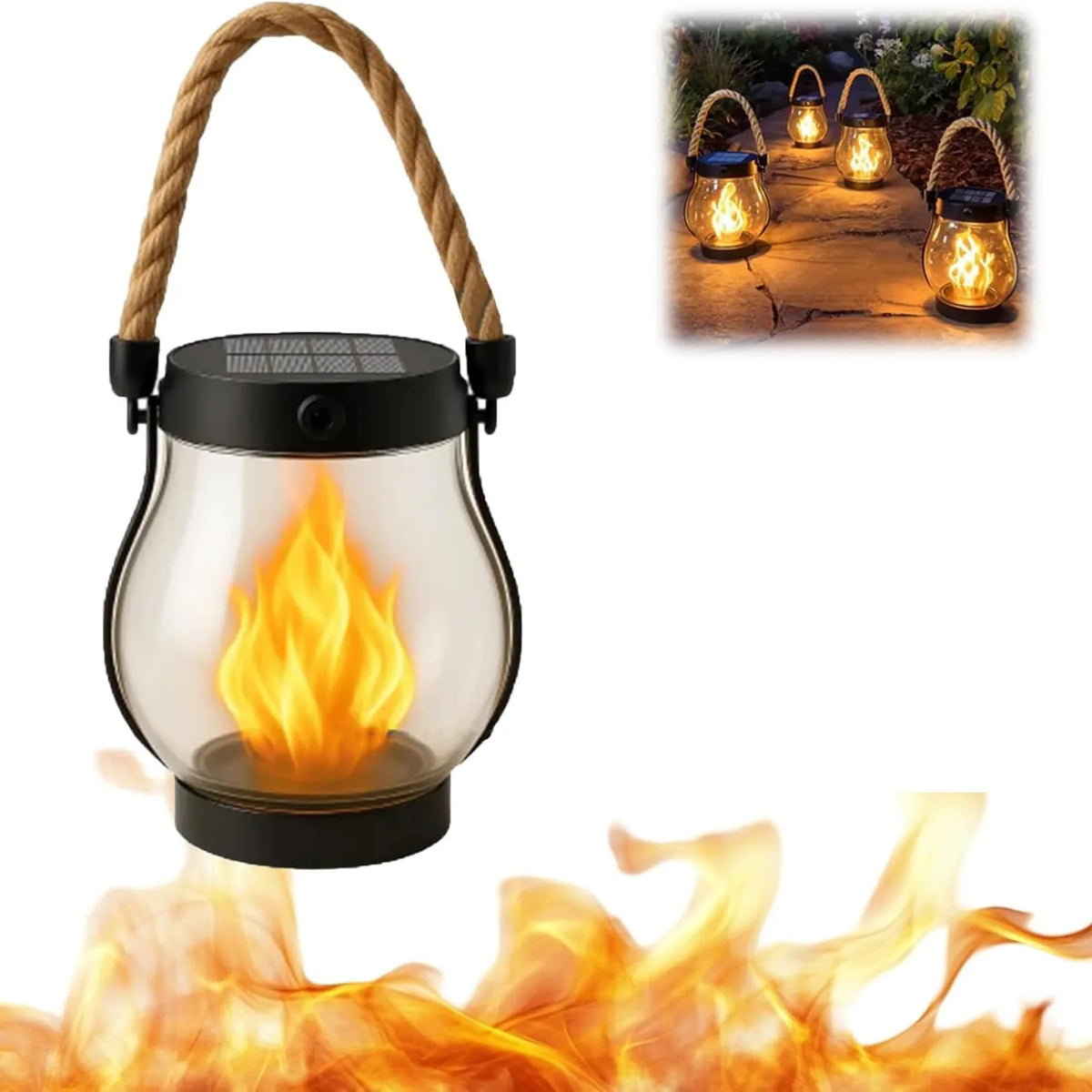 Single lantern with a solar top and flame effect, with a small inset of a lit garden path 2
