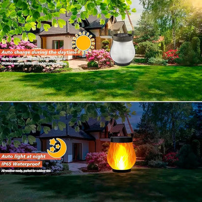 Split daytime and night garden scene showing the lantern charging in sun, then glowing at dusk 3