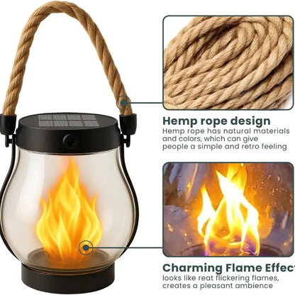 Lantern beside close-up details of its twisted hemp rope handle and flickering flame effect 4