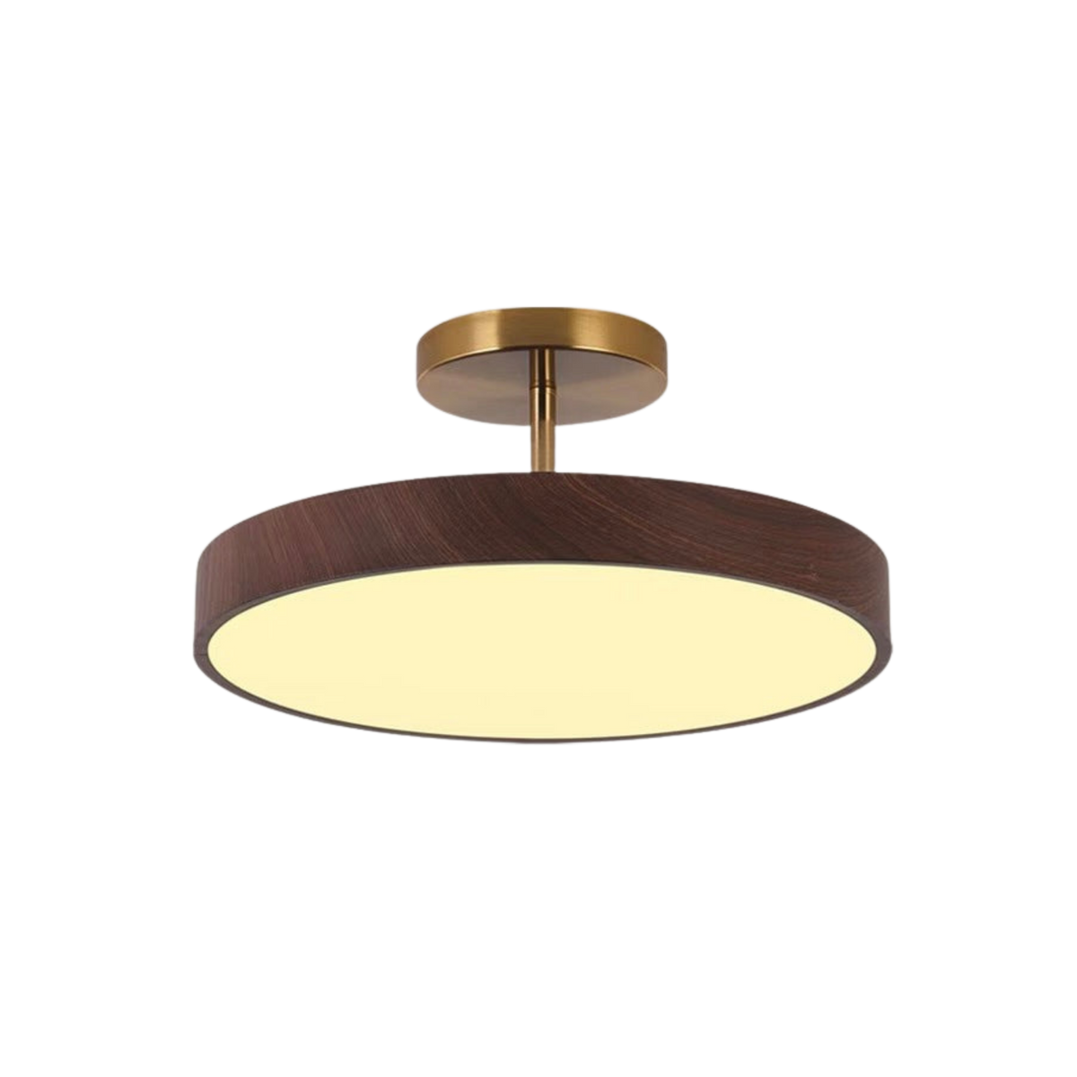 Dark wood-effect round semi-flush light with a brass-coloured stem and canopy, lit and shown against a plain white background. 2
