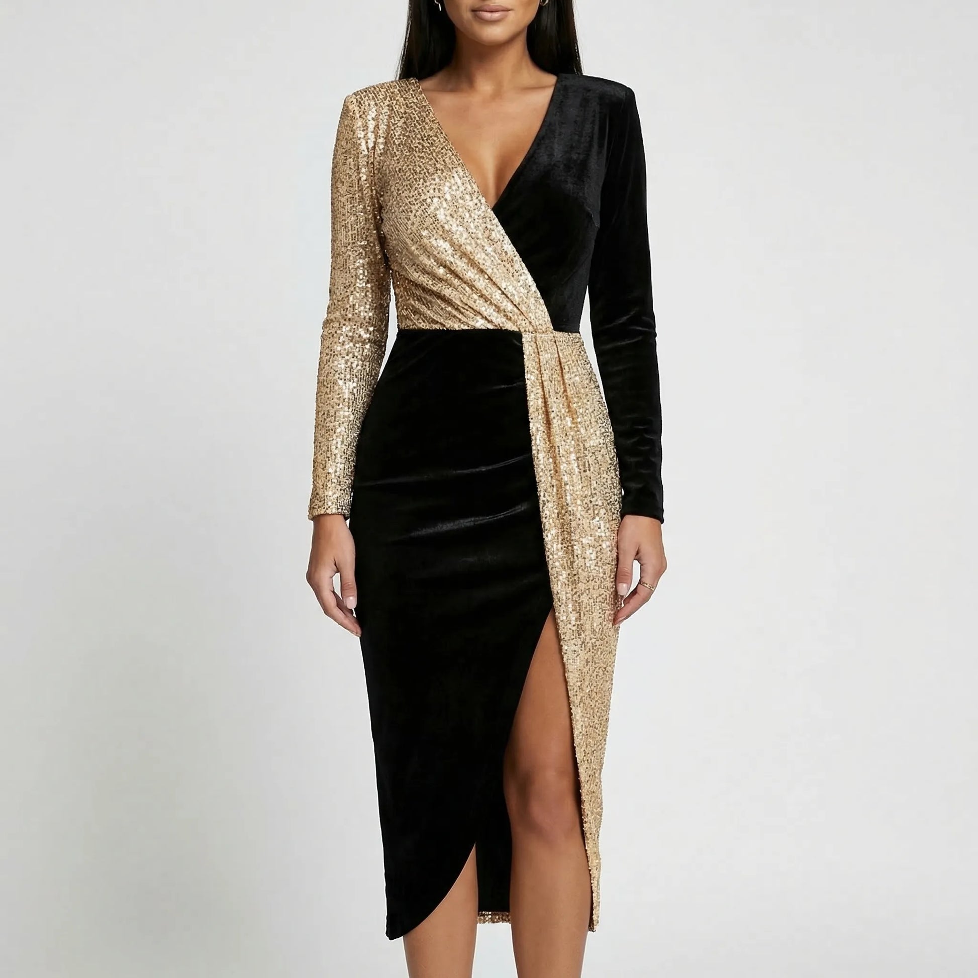 Deep V-Neck Long Sleeve Party Dress - Roxanne