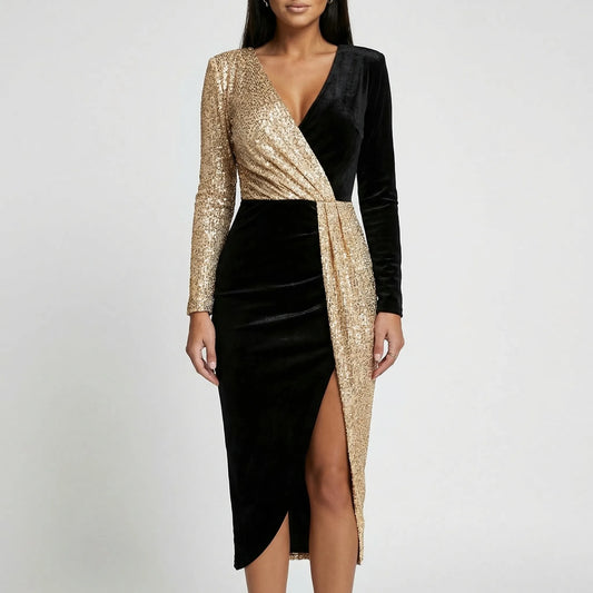 Deep V-Neck Long Sleeve Party Dress - Roxanne