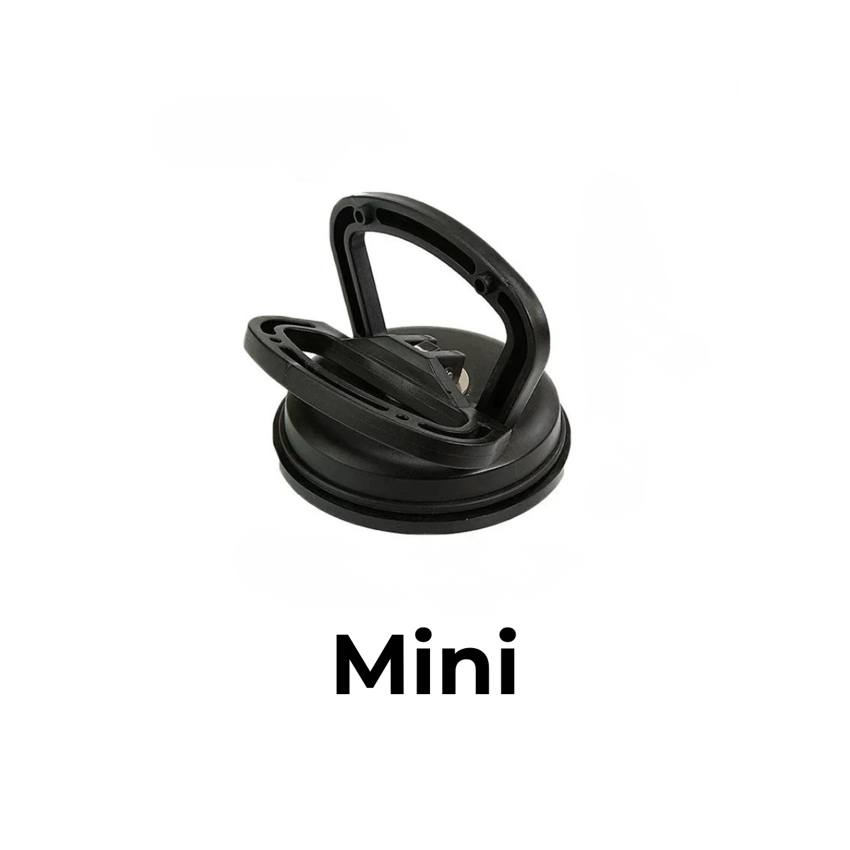 Black plastic suction puller in the smaller size, with a folding handle and rubber rim, on a white background. 9