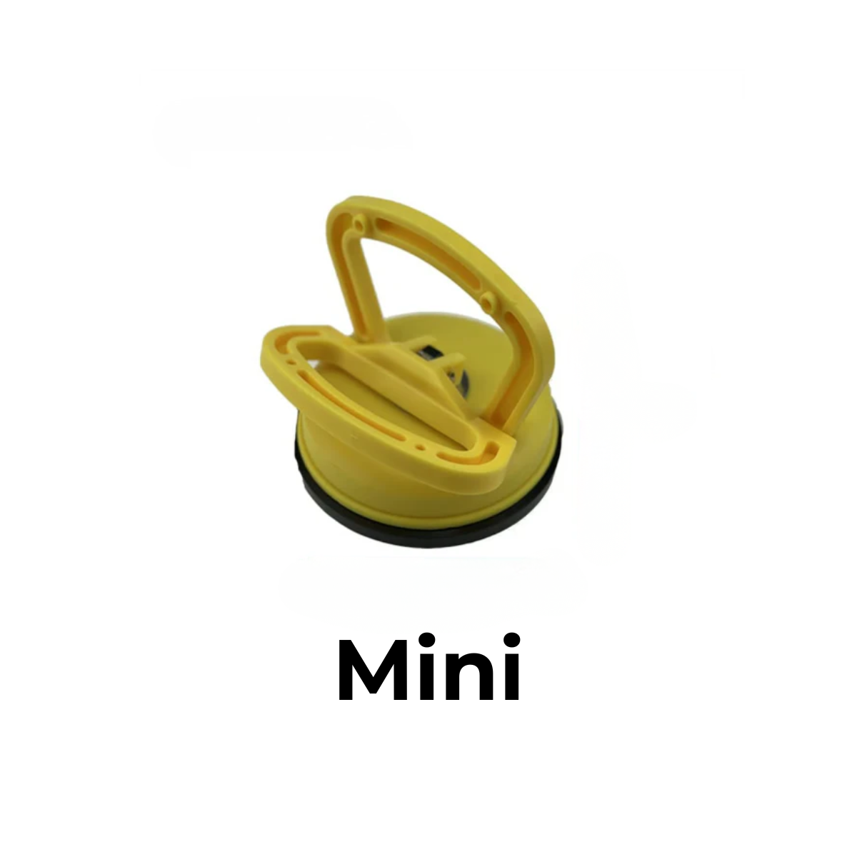 Yellow plastic suction puller in the smaller size, with a folding handle and black rubber rim, on a white background. 1