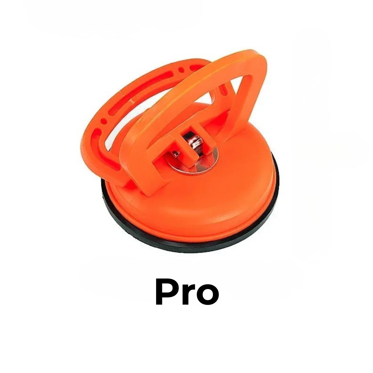 Orange plastic suction puller in the larger size, with a folding handle and black rubber rim, on a white background. 7