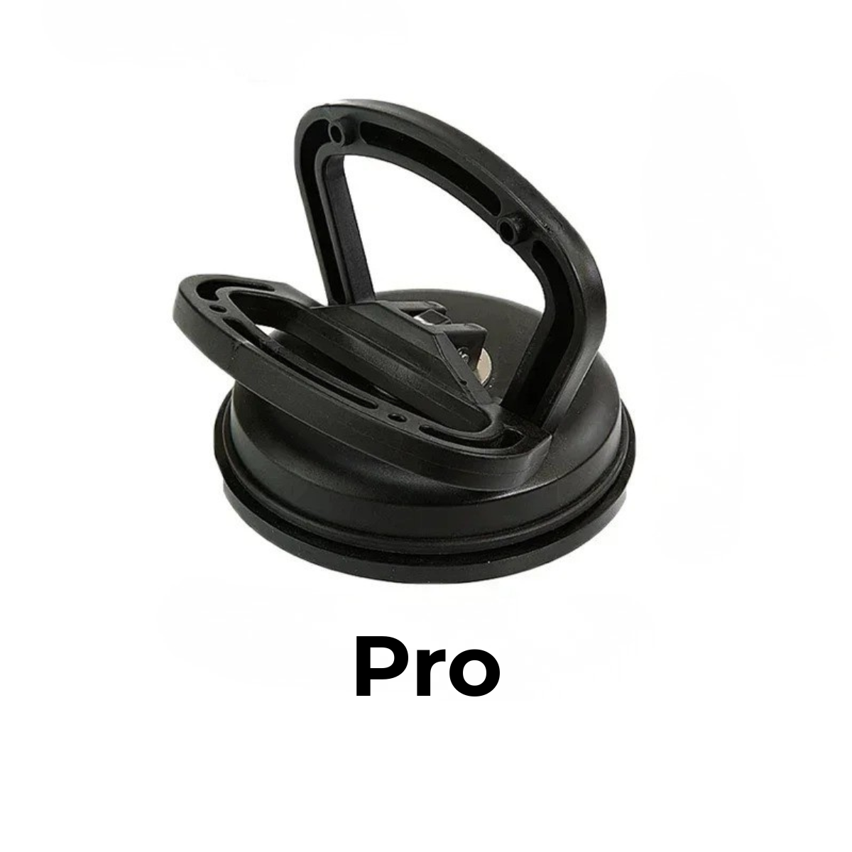 Black plastic suction puller in the larger size, with a folding handle and rubber rim, on a white background. 10