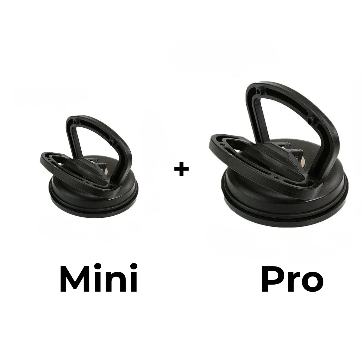 Two black suction pullers side by side, the smaller one beside the larger one, joined by a plus sign. 11