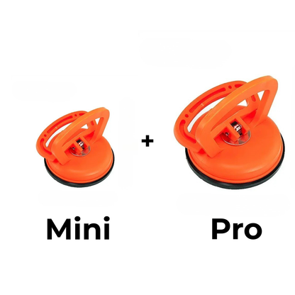 Two orange suction pullers side by side, the smaller one beside the larger one, joined by a plus sign. 8