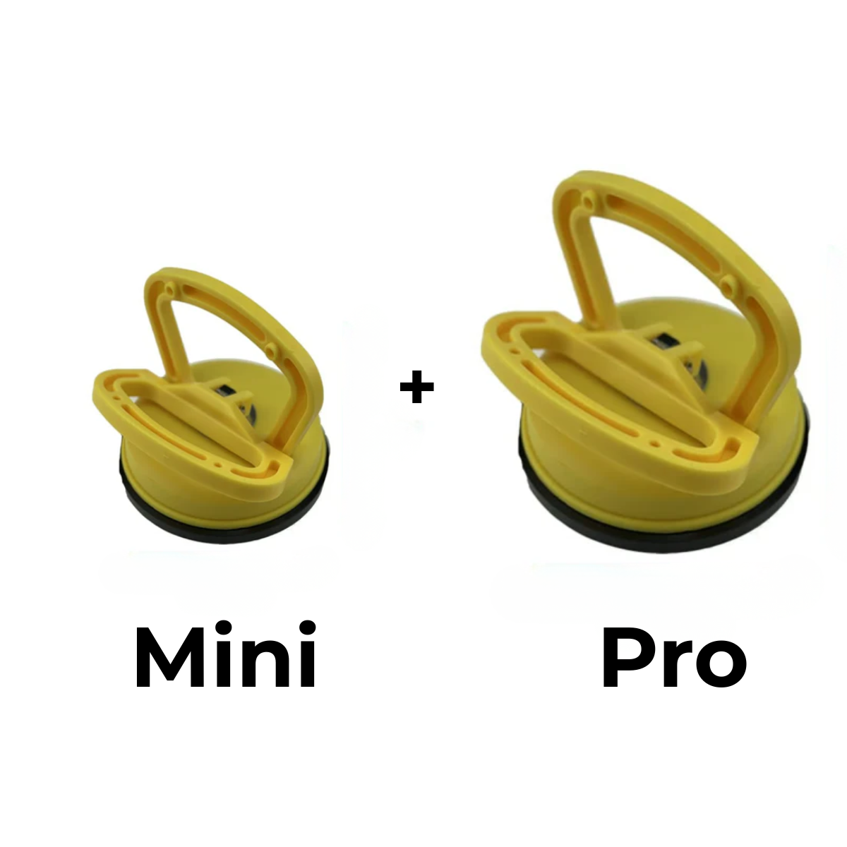 Two yellow suction pullers side by side, the smaller one beside the larger one, joined by a plus sign. 5