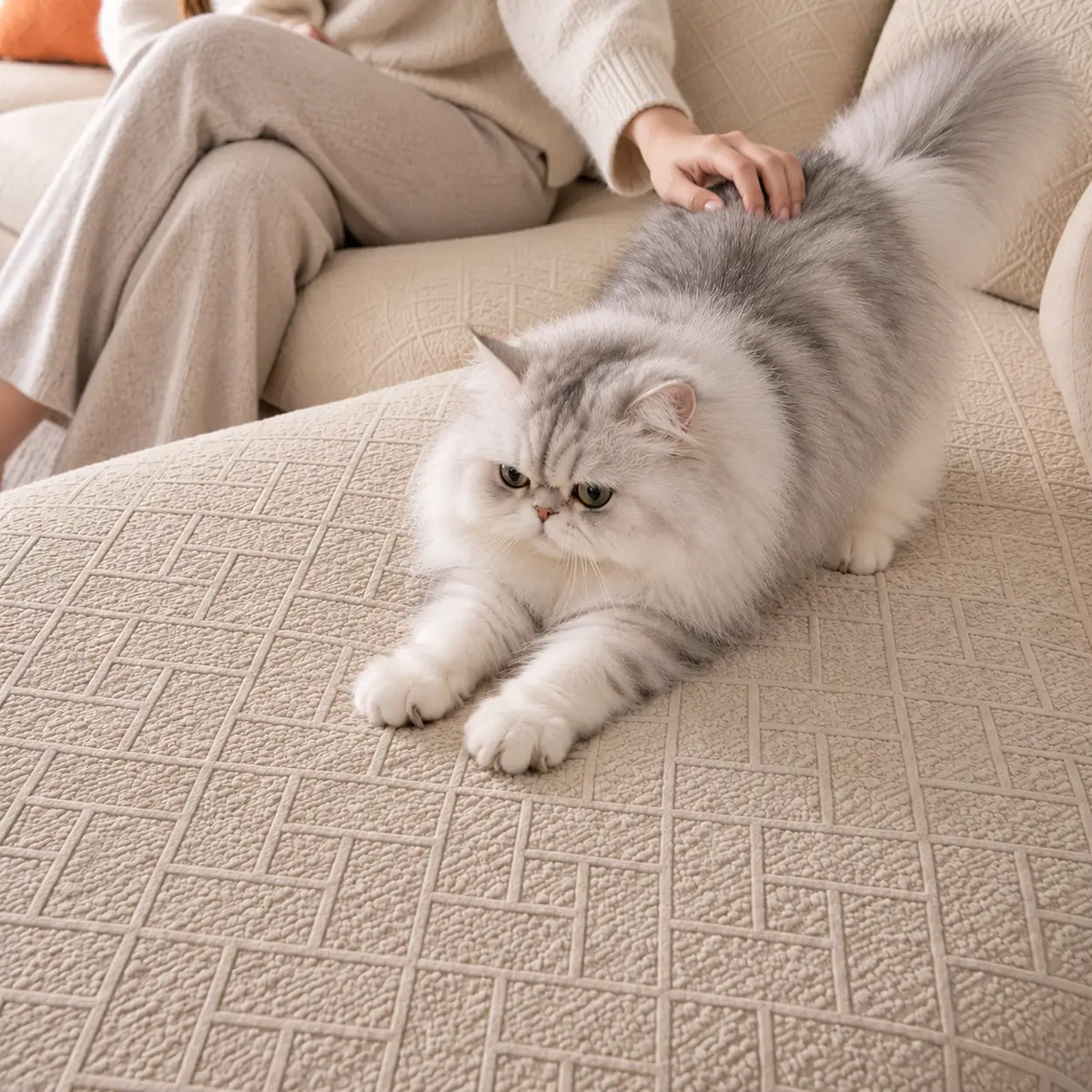 Fluffy grey and white cat stretching on the textured cream sofa cover while a hand strokes it 10