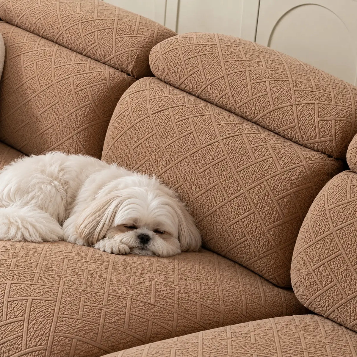 Small white dog sleeping on a tan-brown covered sofa with textured backrest and headrest covers 11
