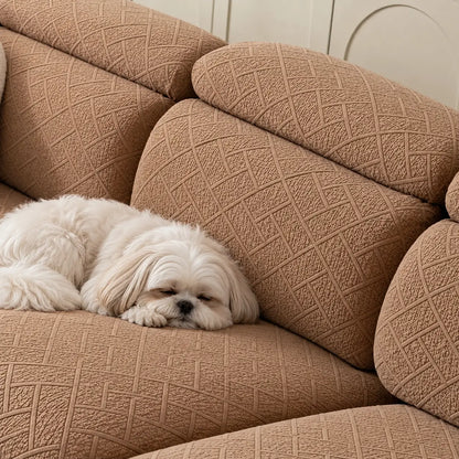 Small white dog sleeping on a tan-brown covered sofa with textured backrest and headrest covers 11