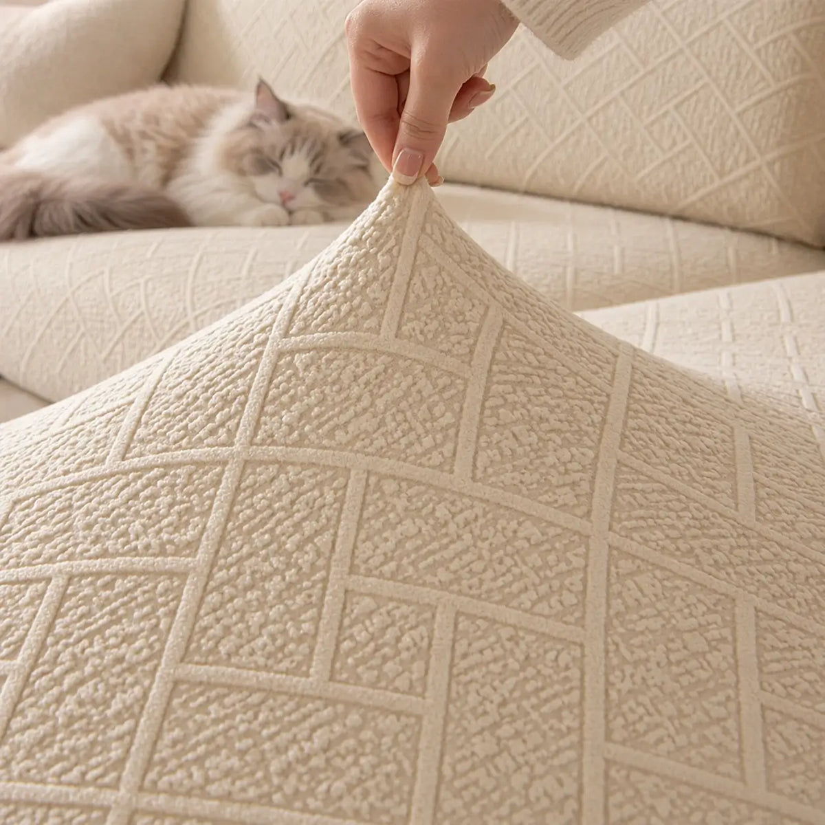 Hand lifting the corner of a cream cover to show its stretch and textured pattern 12