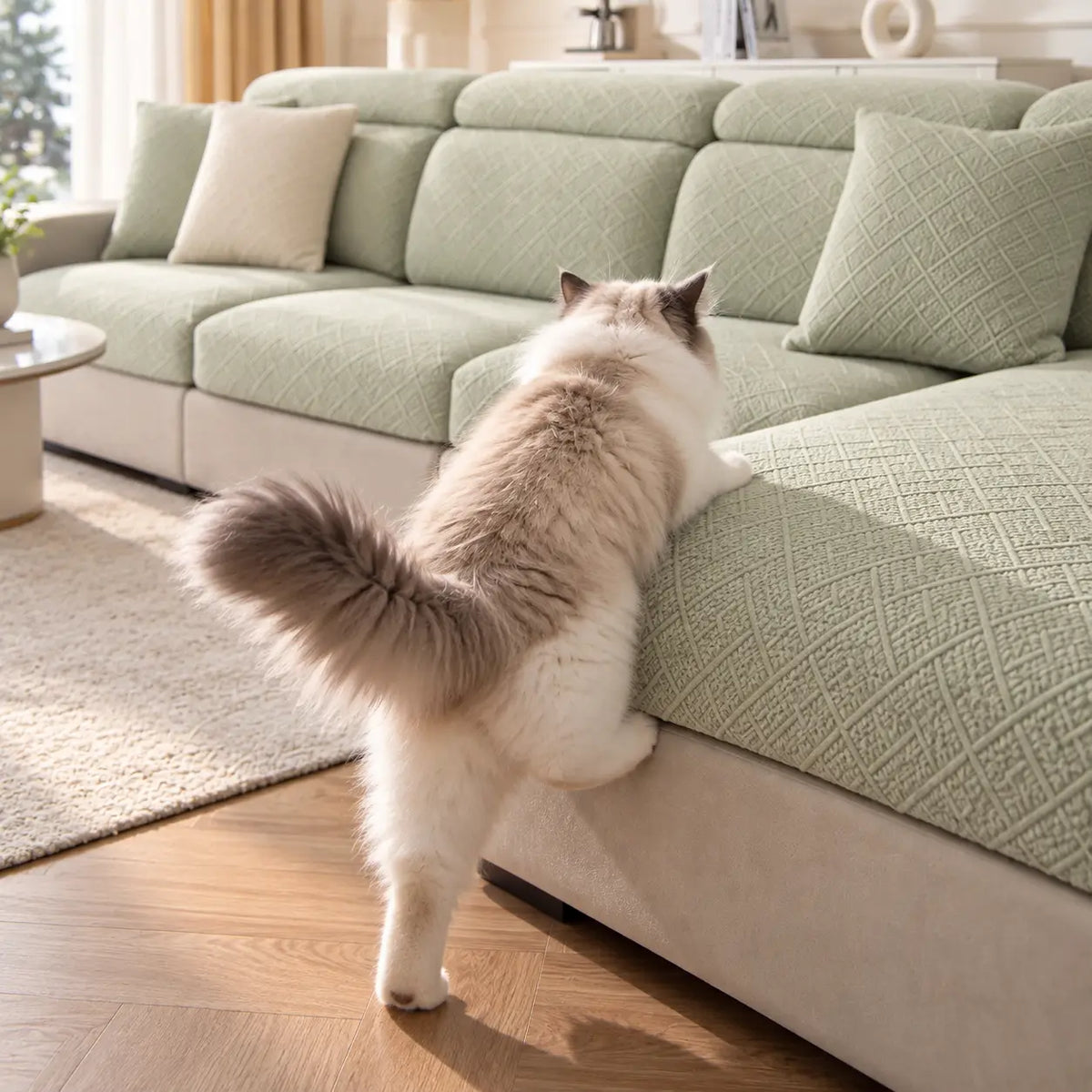 Fluffy cat climbing onto the arm of a sage green covered sofa 14