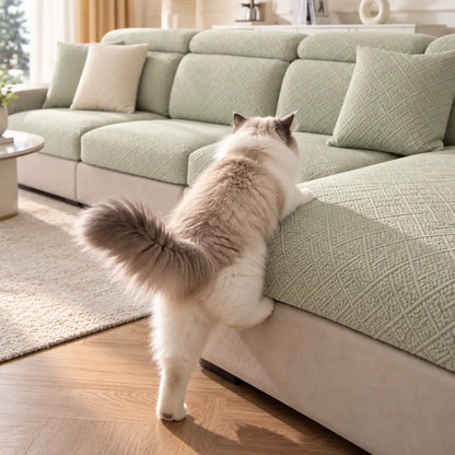 Fluffy cat climbing onto the arm of a sage green covered sofa 14