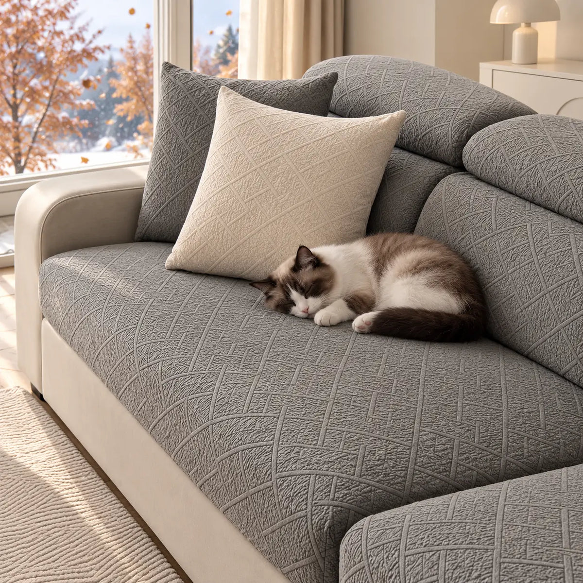 Ragdoll cat curled up asleep on a grey covered sofa seat near cushions 15