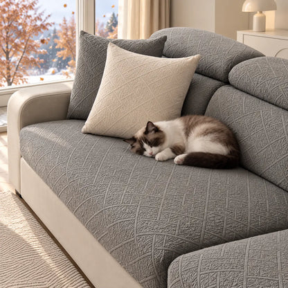 Ragdoll cat curled up asleep on a grey covered sofa seat near cushions 15