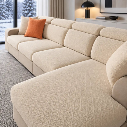 Cream covered corner sofa with chaise and an orange cushion beside a snowy window 18