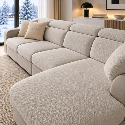 Light beige textured covers on a corner sofa with chaise and matching cushions 19