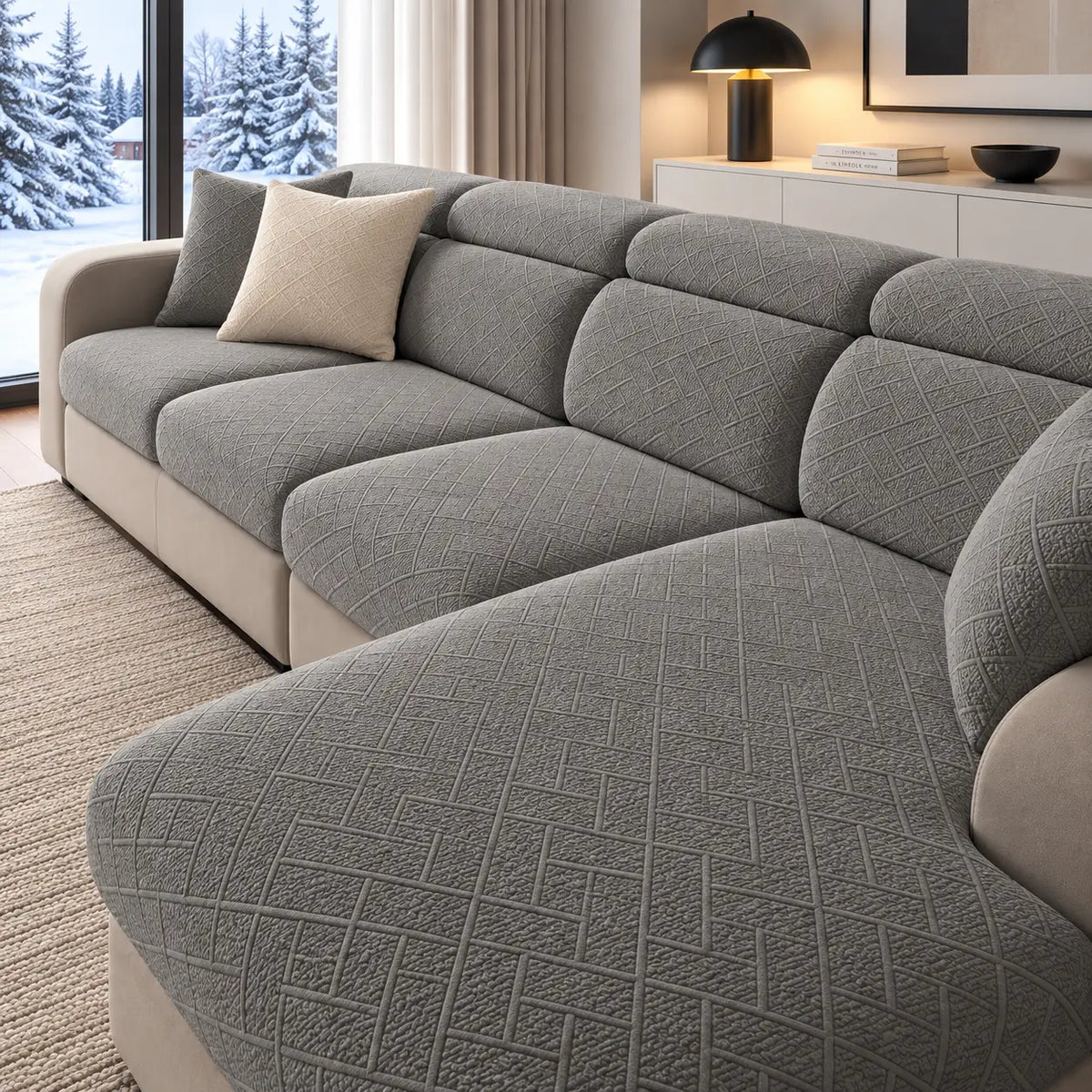 Grey textured covers on a corner sofa with chaise, grey and cream cushions 20