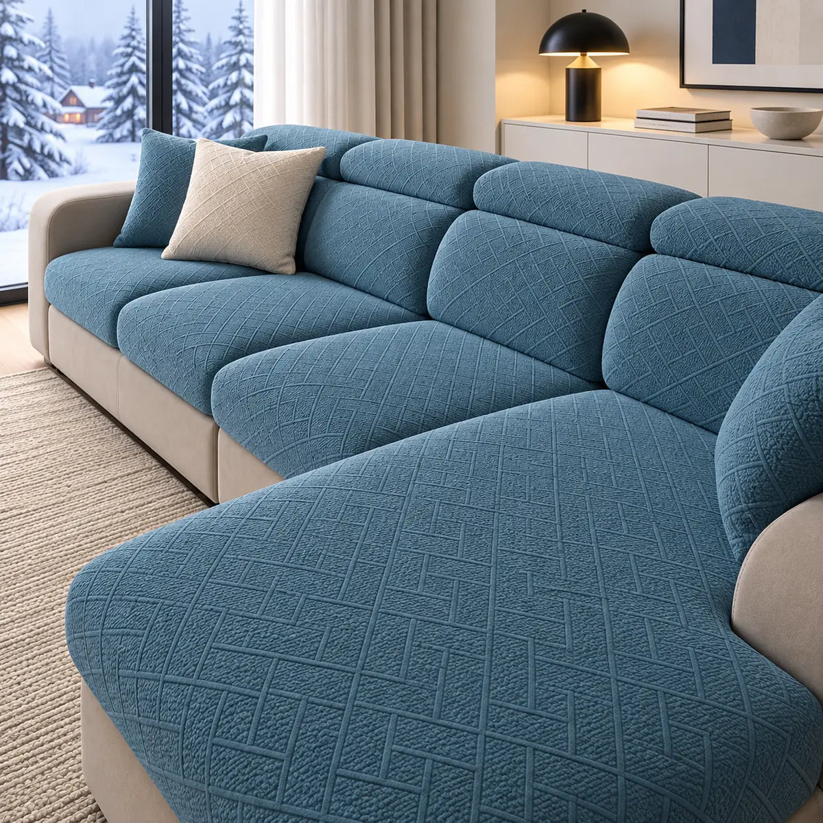 Blue textured diamond-pattern covers on an L-shaped sofa with chaise, in a snowy-window living room 21