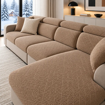 Camel brown version of the textured stretch covers on the same chaise sofa, with a cream cushion 22