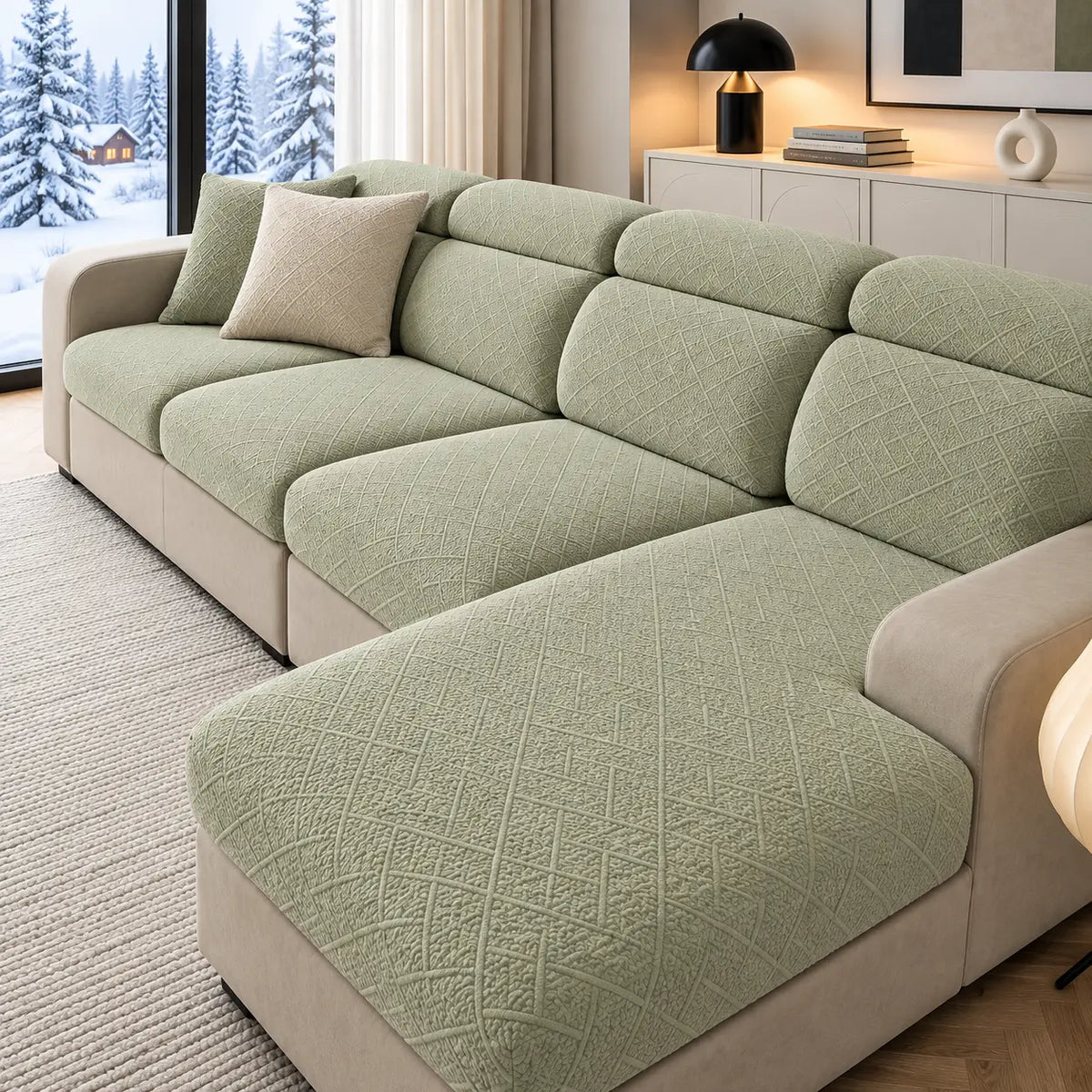 Soft sage green covers fitted over seat and back cushions of a chaise sofa beside a winter window 23