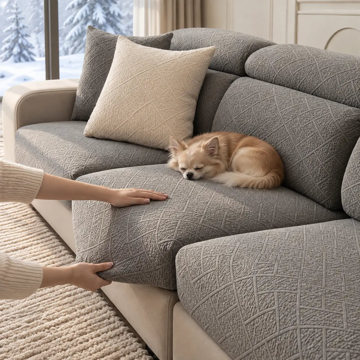 Grey covered sofa with a small dog asleep while a person smooths the seat cover 7