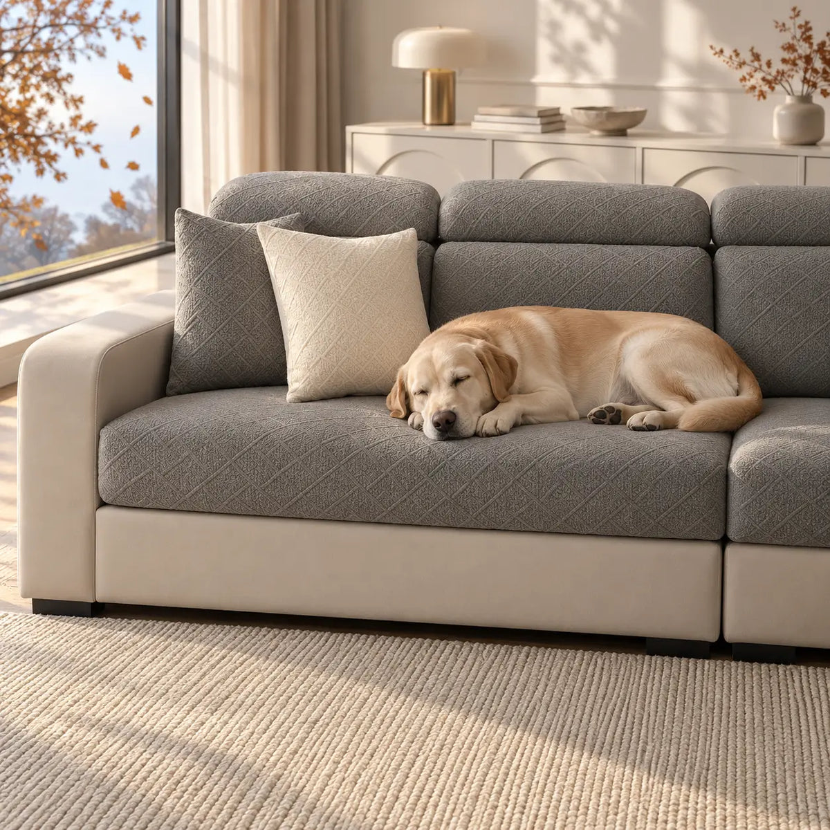 Large yellow Labrador asleep on a grey covered sofa seat beside cushions 8