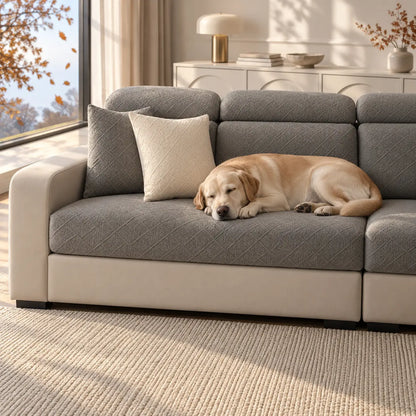 Large yellow Labrador asleep on a grey covered sofa seat beside cushions 8