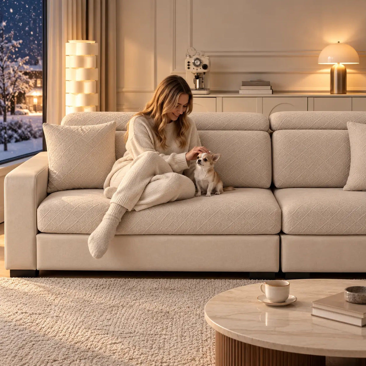 Woman in cosy knitwear strokes a small dog on a cream covered sofa 9
