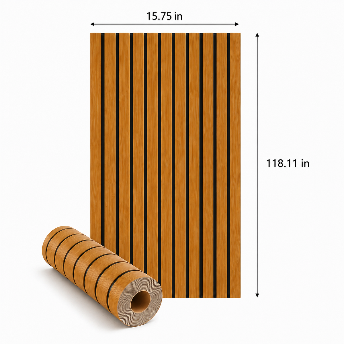 Warm honey-brown slat panel beside a rolled-up roll, with width and height dimensions marked 38