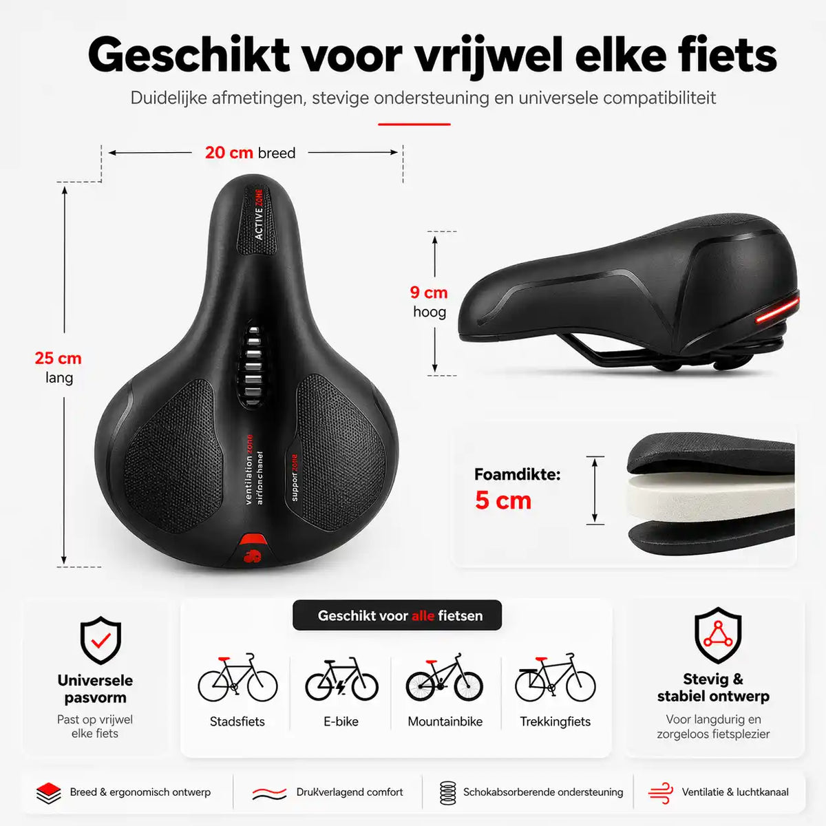 Dimensions diagram of the saddle with width, length, height and foam thickness, plus icons for city, e-bike, mountain and trekking bikes. 17