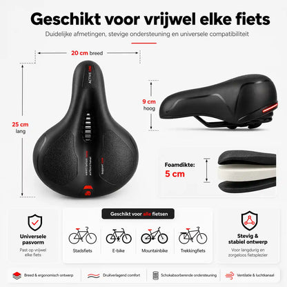 Dimensions diagram of the saddle with width, length, height and foam thickness, plus icons for city, e-bike, mountain and trekking bikes. 17