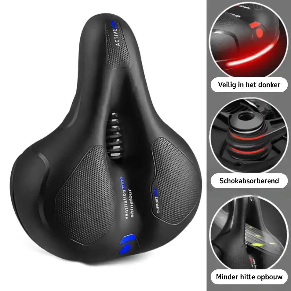 Version of the saddle with blue accents beside three circular close-ups of the reflective strip, shock absorbers and ventilation. 19