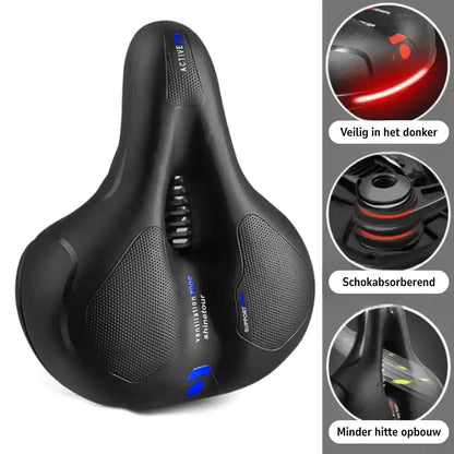 Version of the saddle with blue accents beside three circular close-ups of the reflective strip, shock absorbers and ventilation. 19