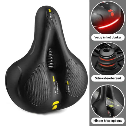 Black bike saddle with central cutout and yellow accents, shown from above beside three circular close-ups of its reflective rear strip, shock absorber and vent 21