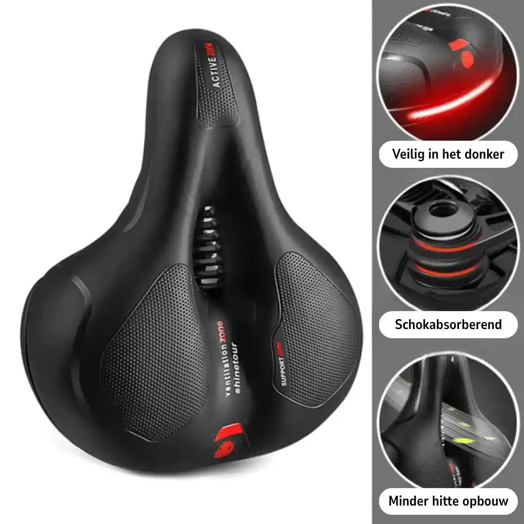 Version of the saddle with red accents beside three circular close-ups of the reflective strip, shock absorbers and ventilation. 20
