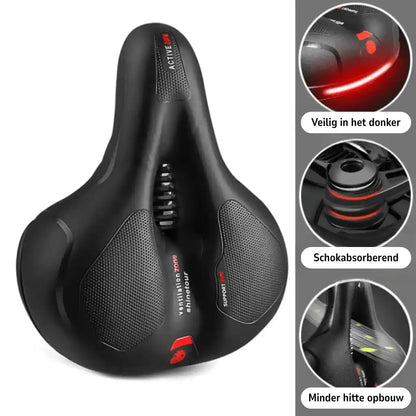 Version of the saddle with red accents beside three circular close-ups of the reflective strip, shock absorbers and ventilation. 20