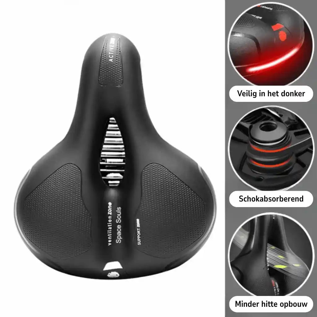 Black bike saddle with central cutout and white accents, shown from above beside three circular close-ups of its reflective rear strip, spring shock absorber an 22