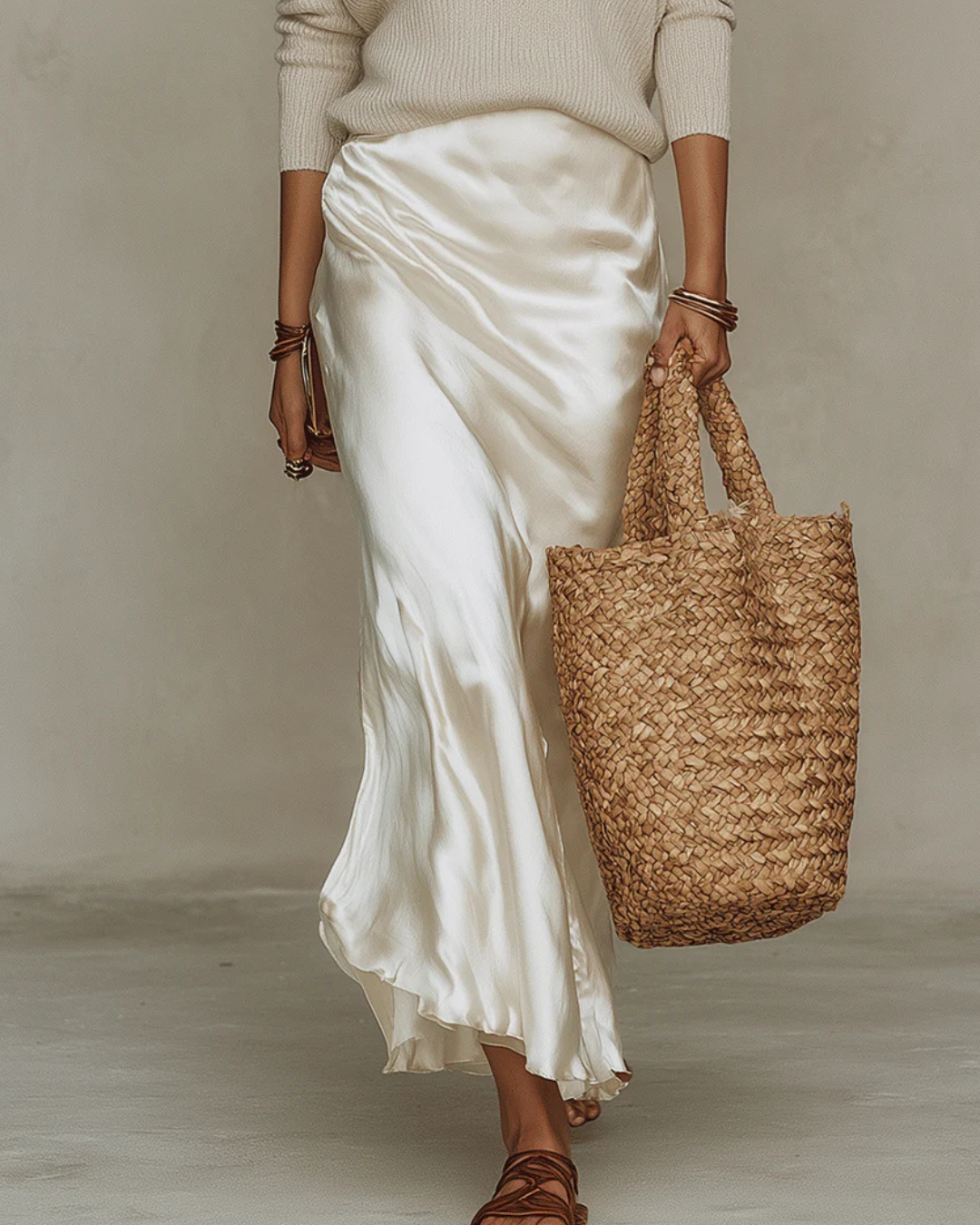 Lower-body view of the flowing cream satin midi skirt, with a model carrying a woven tote 10