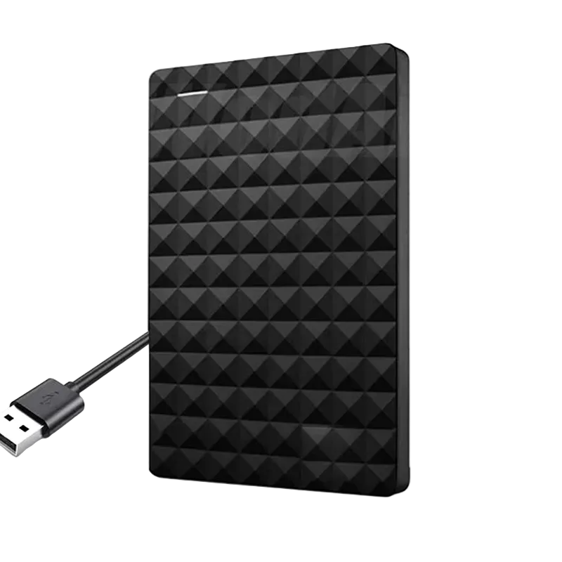 Slim black portable drive with a diamond-textured top, shown upright with its USB cable attached 1