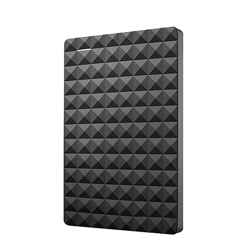 Front view of the black drive's diamond-patterned casing, standing upright without a cable 2