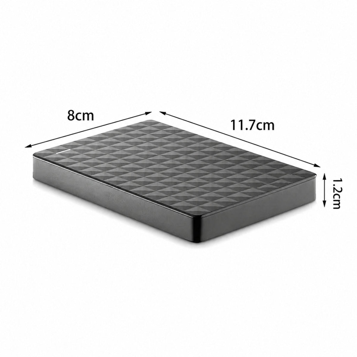 Drive lying flat with dimension arrows marking its width, length and thickness 6